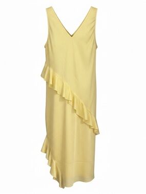 H&M Light yellow Flounce-trimmed V-Neck Ruffle Midi Dress Size L NWT